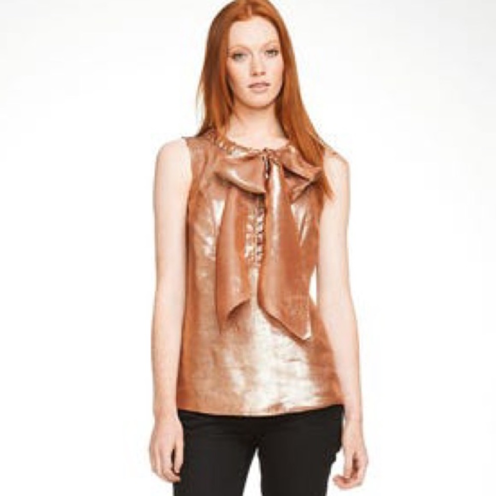 Tory Burch Lamé Metallic Top Blouse Sleeveless Tie-Front Women 4 Rose Gold Silk